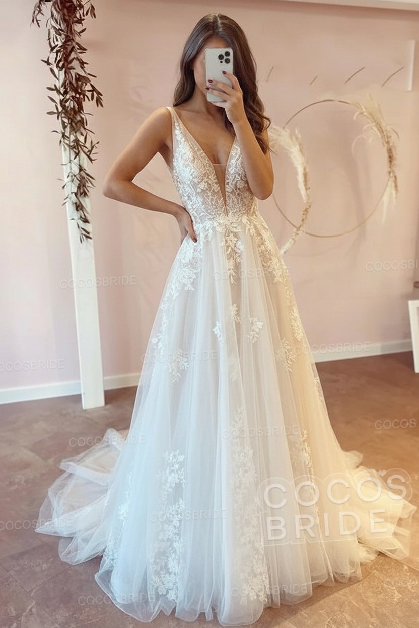Long V-neck A-Line Floor Length Tulle Floral Lace Wedding Dress