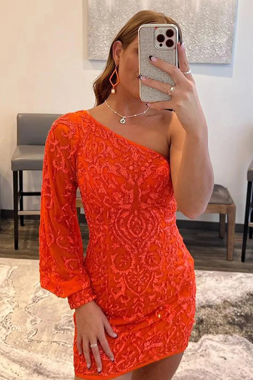 Fuchsia Beaded Sequins One Shoulder Mermaid Homecoming Dress with Sleeves
