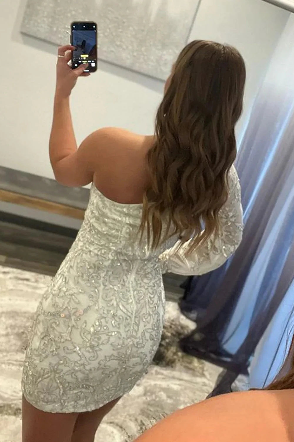 Fuchsia Beaded Sequins One Shoulder Mermaid Homecoming Dress with Sleeves