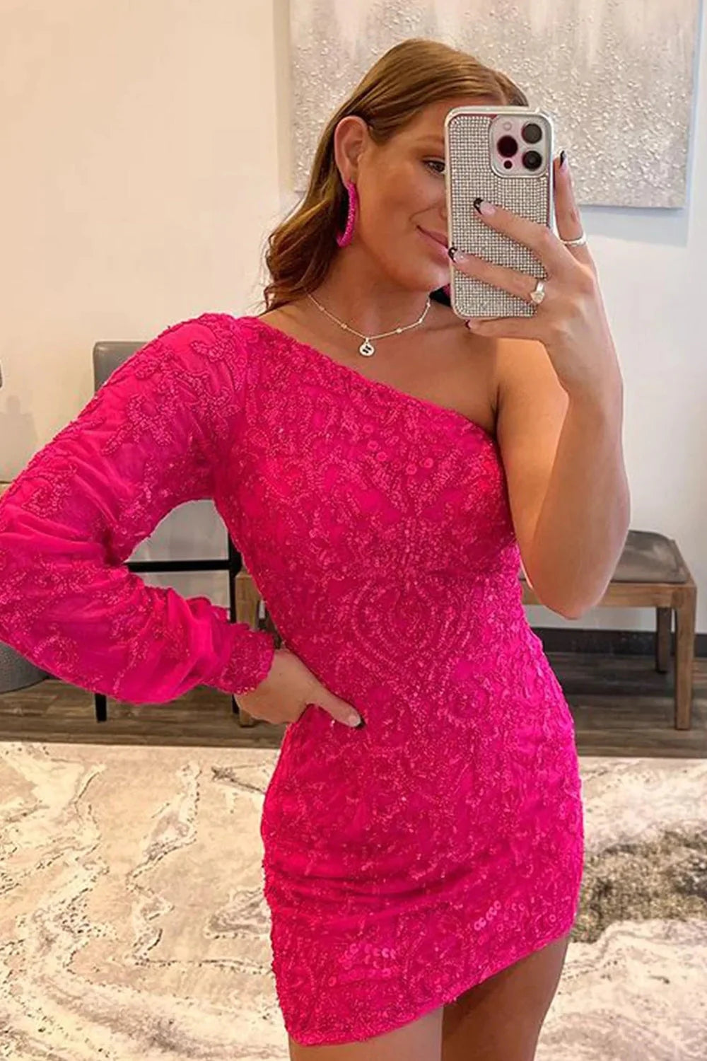 Fuchsia Beaded Sequins One Shoulder Mermaid Homecoming Dress with Sleeves