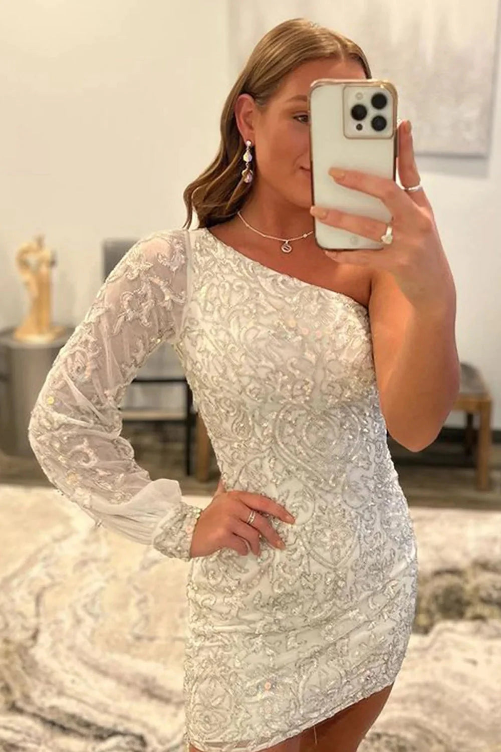 Fuchsia Beaded Sequins One Shoulder Mermaid Homecoming Dress with Sleeves