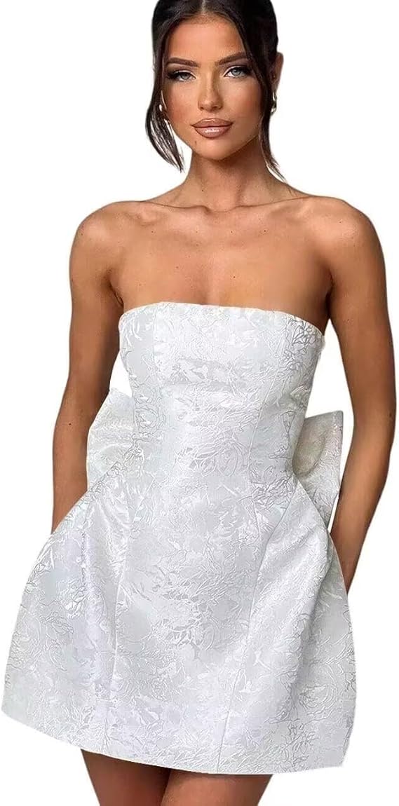Strapless Short Ball Gown Sleeveless Lace up Jacquard Satin Homecoming Dress with Bow
