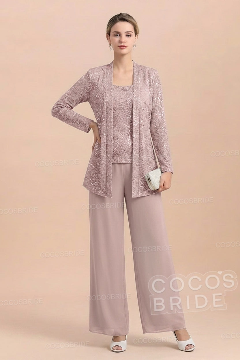 Long Sequined Chiffon Pantsuits for the Mother of the Bride with Jacket