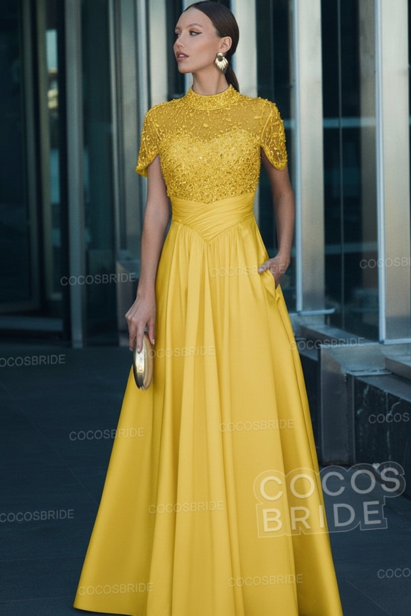 Elegant Illusion Neck Long A-line Formal Evening Dress with Pockets