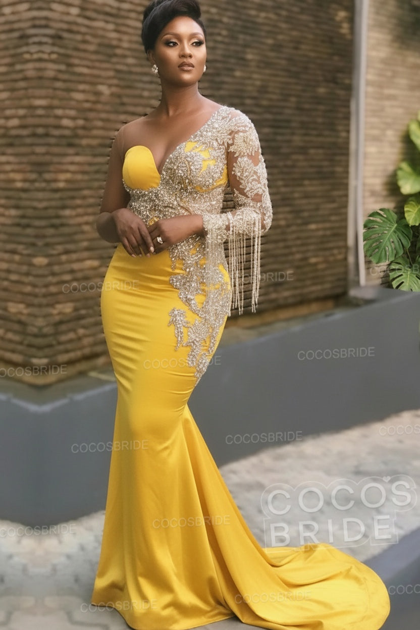 Long Mermaid Appliques One Shoulder Floor Length Formal Evening Dress