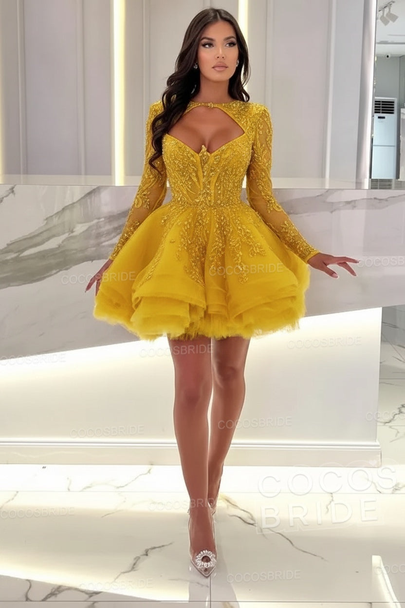 Sexy A-line Sweetheart Tulle Short Beading Party Dress with Long Sleeves